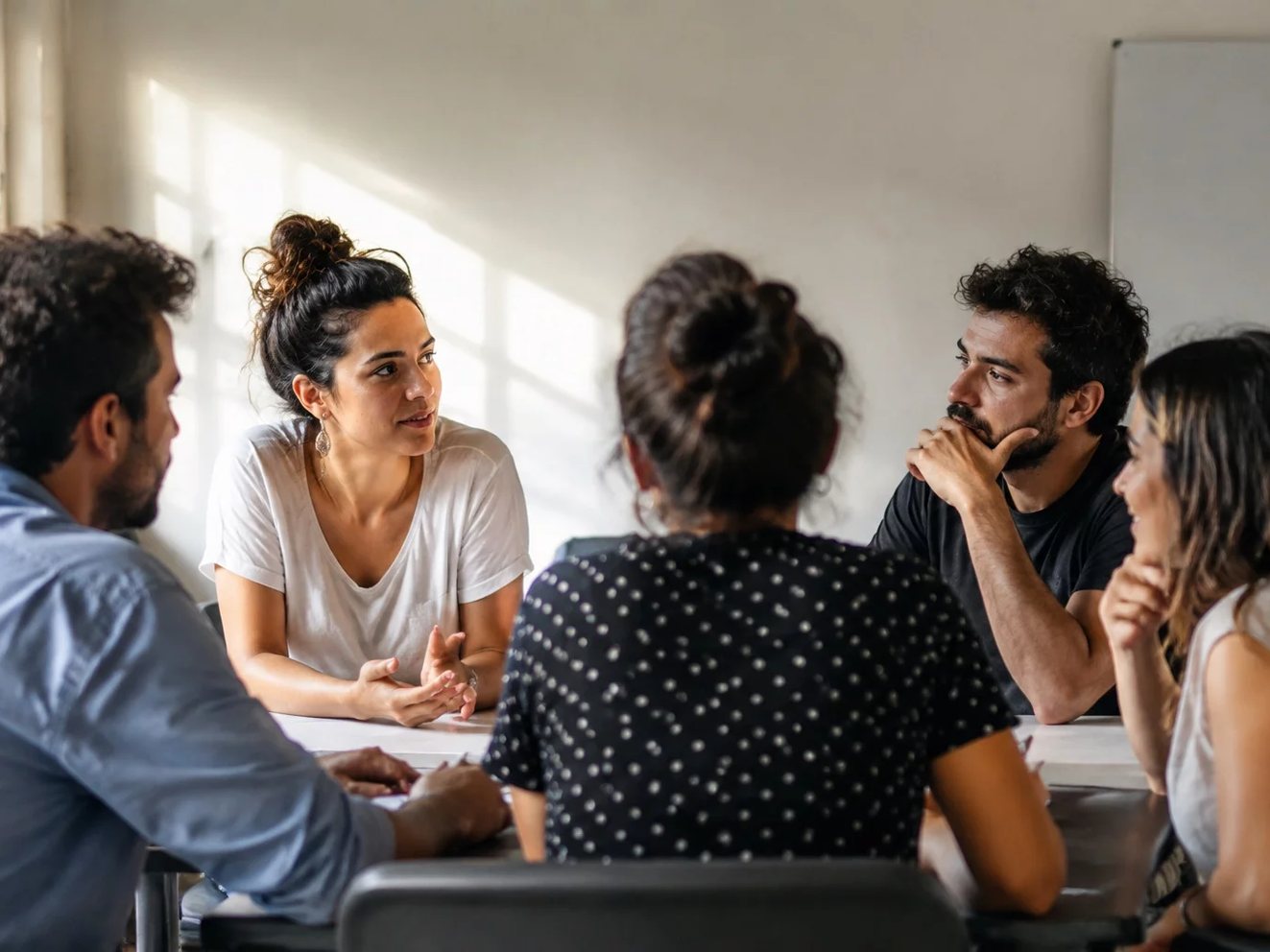 Mesa vista de cima com um diagrama de raciocínio traçado à mão